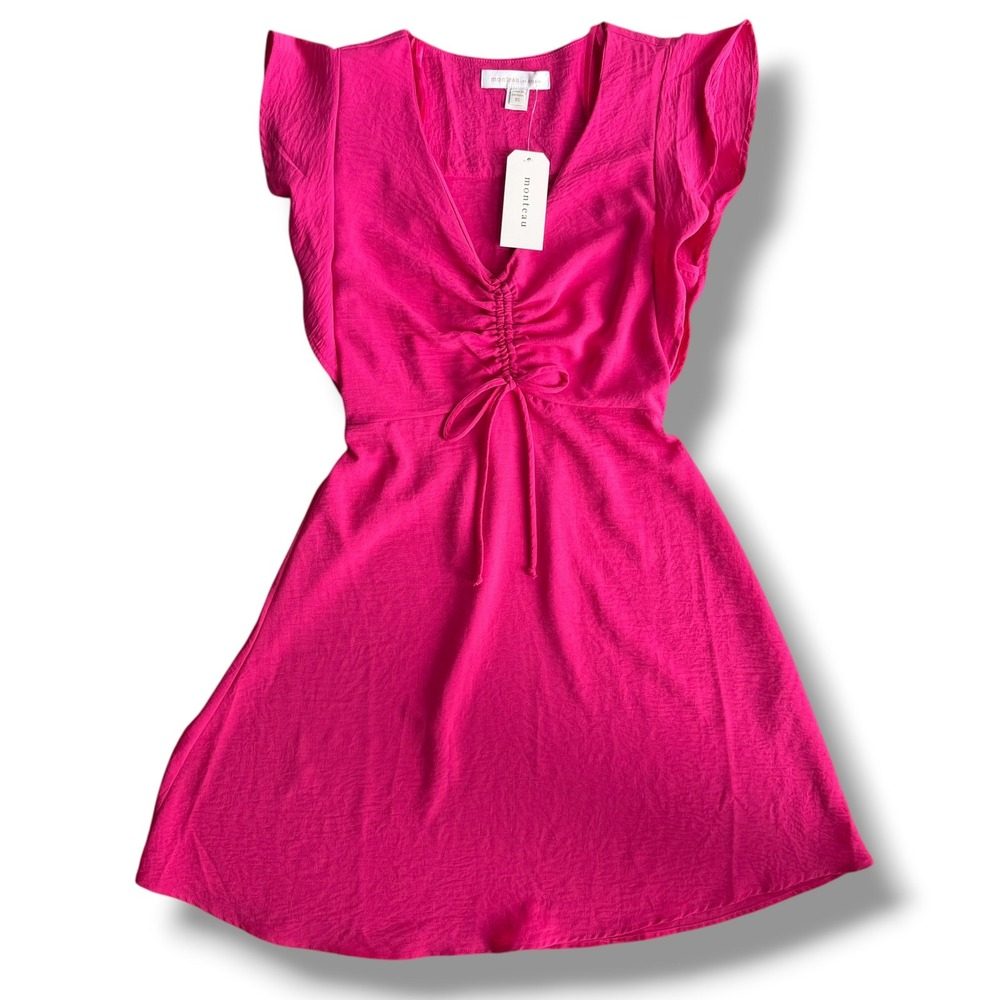 Monteau Los Angeles Women XS Hot Pink Ruched FlutterSleeve Mini Dress Barbiecore
